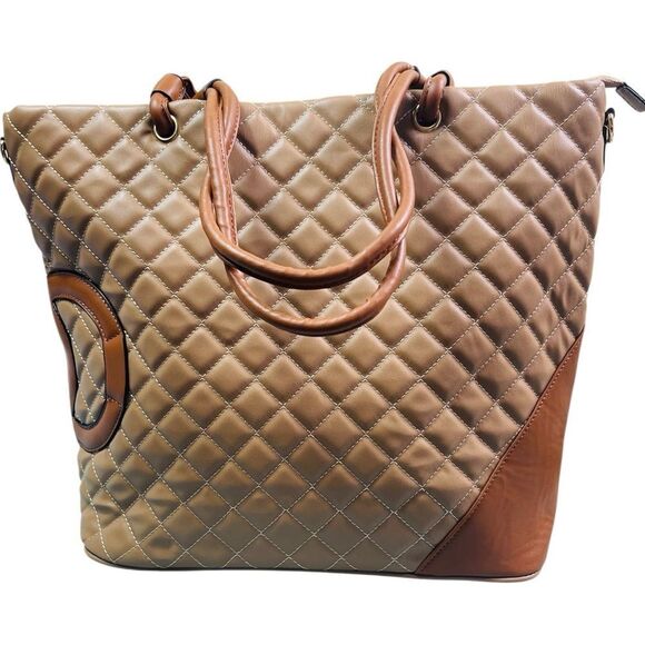 Fashion Designer Tan and Brown Quilted Large Tote Bag - Picture 2 of 11